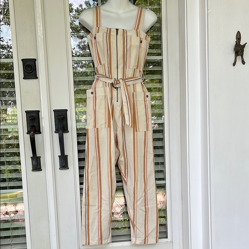 NWT Billabong Chic Cream and Brown Striped Jumpsuit with Belt,  Pockets, Sz. Sm